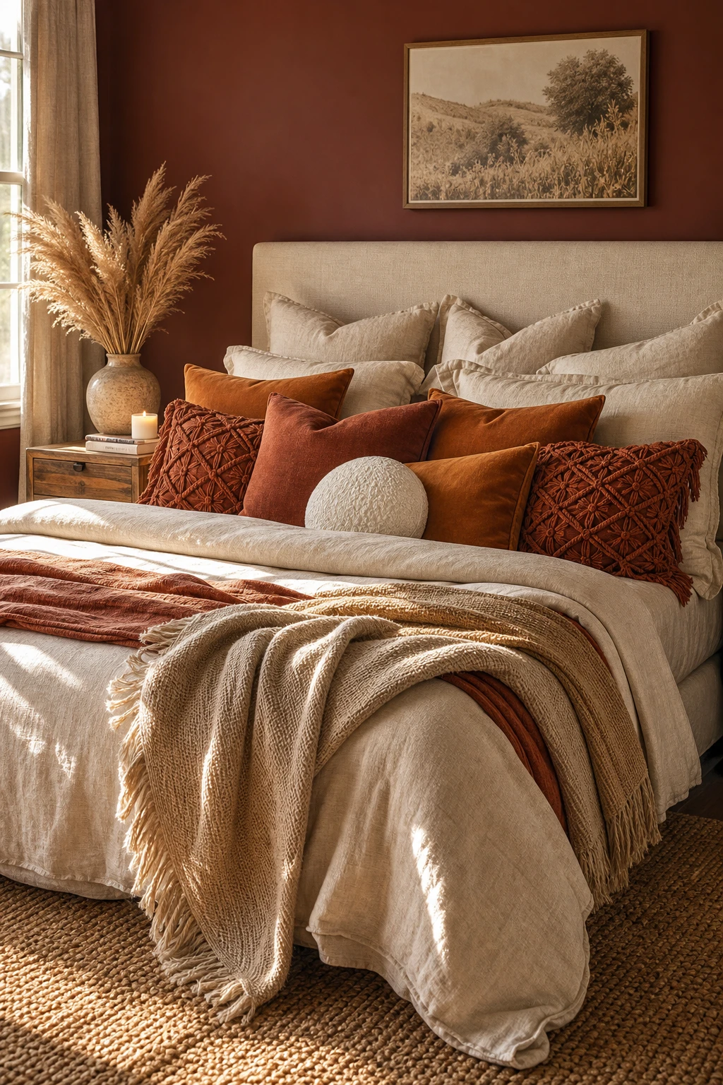 Boho fall bedroom with layered pillow arrangement in amber, rust and cream tones against a Fox Red accent wall, warm afternoon light