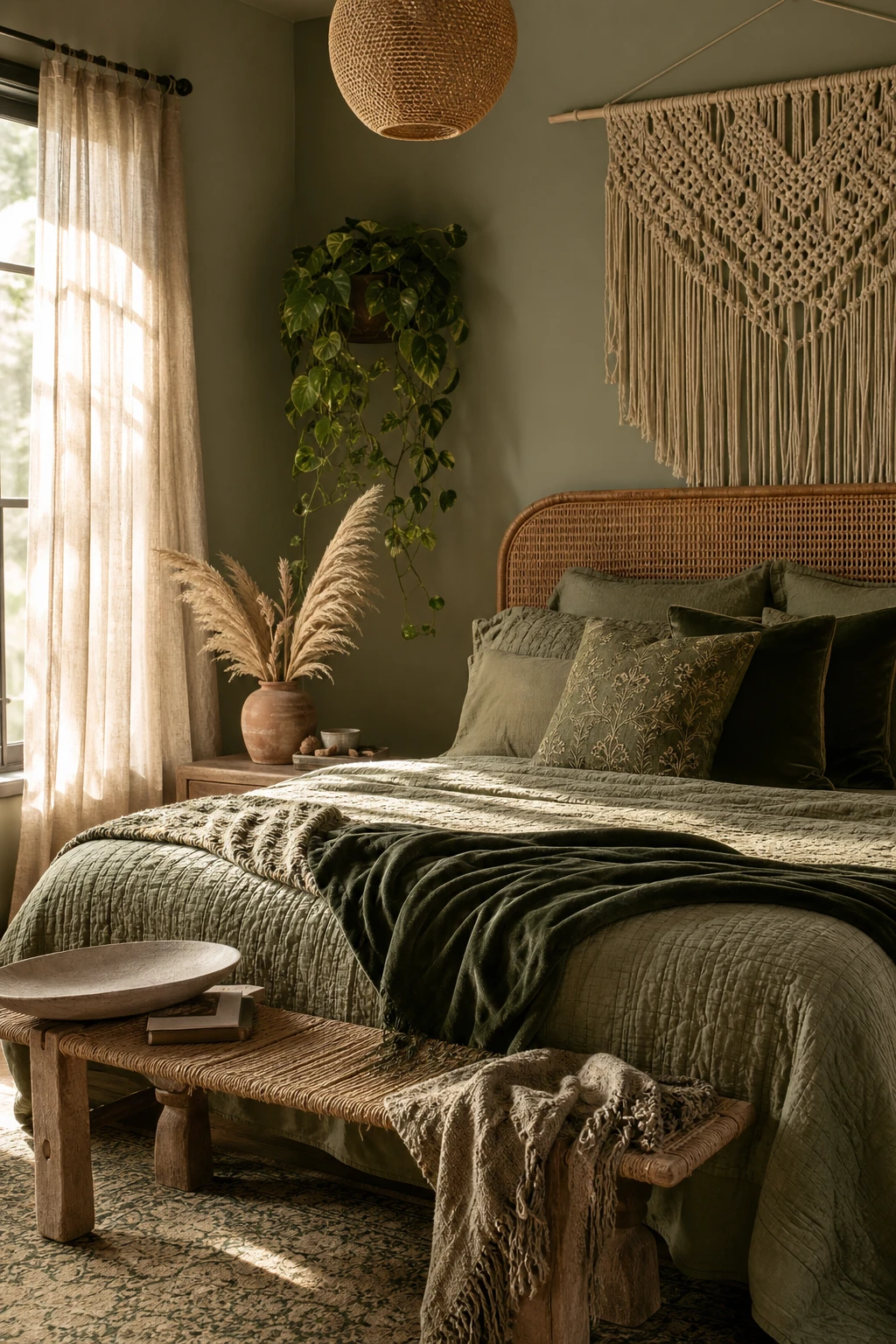 Boho fall bedroom with layered sage and forest green textiles, macrame wall hanging, rattan headboard, and warm autumn natural light