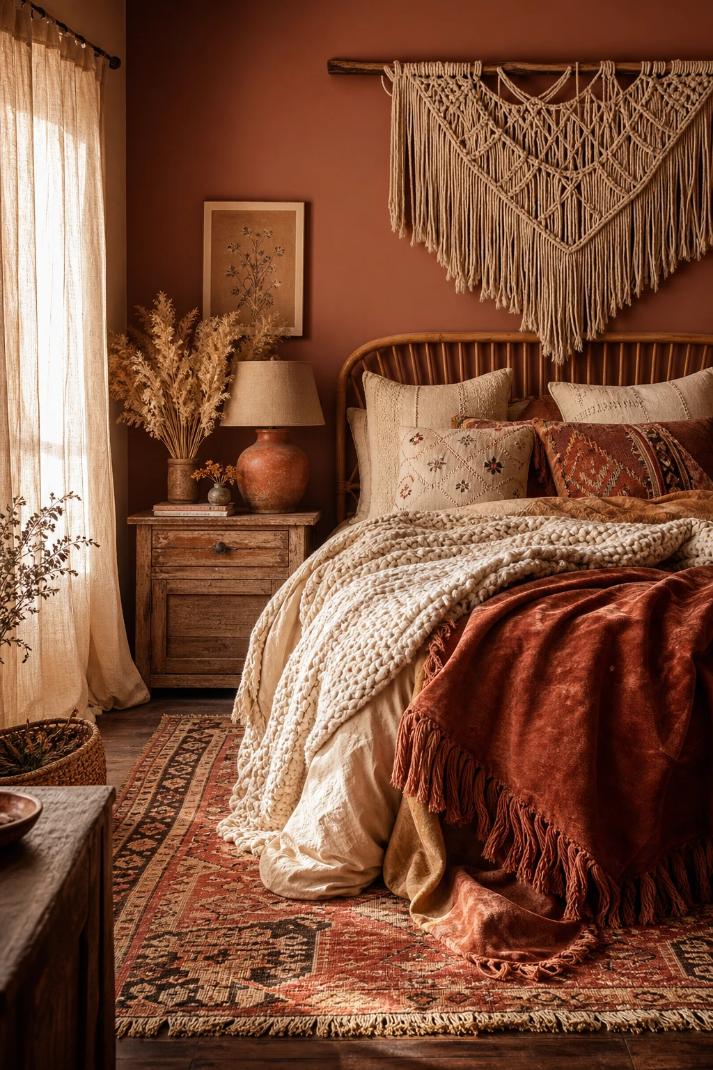 Boho fall bedroom with layered warm textiles, macrame wall hanging, rattan headboard, and Farrow and Ball Faded Terracotta walls in soft autumn light