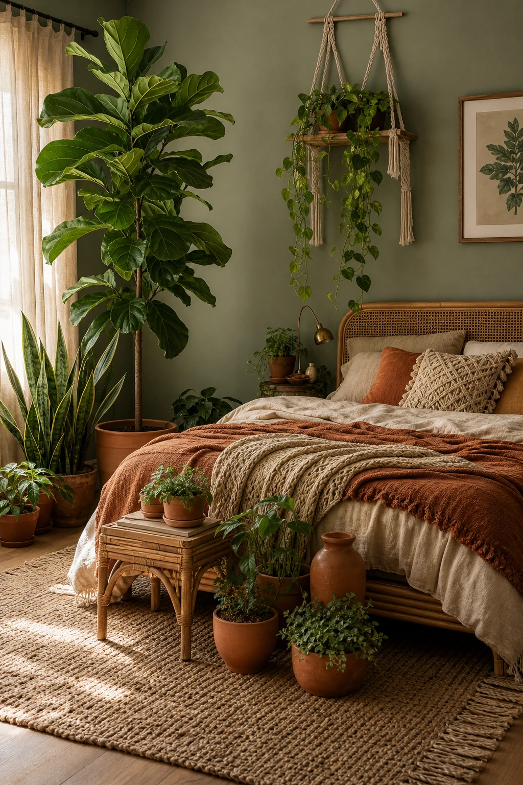Boho fall bedroom with lush indoor plants as hero feature, warm earthy tones, rattan furniture, layered textiles, and Farrow & Ball Lichen sage green walls