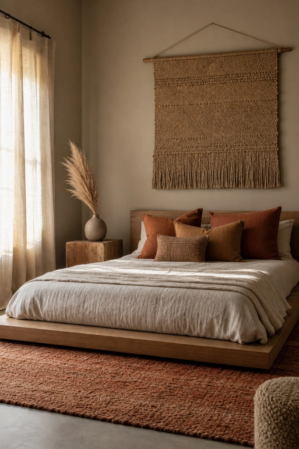Boho fall bedroom with modern boho lines as hero, clean low platform bed, layered organic textiles, warm neutral walls in Farrow and Ball Cord paint