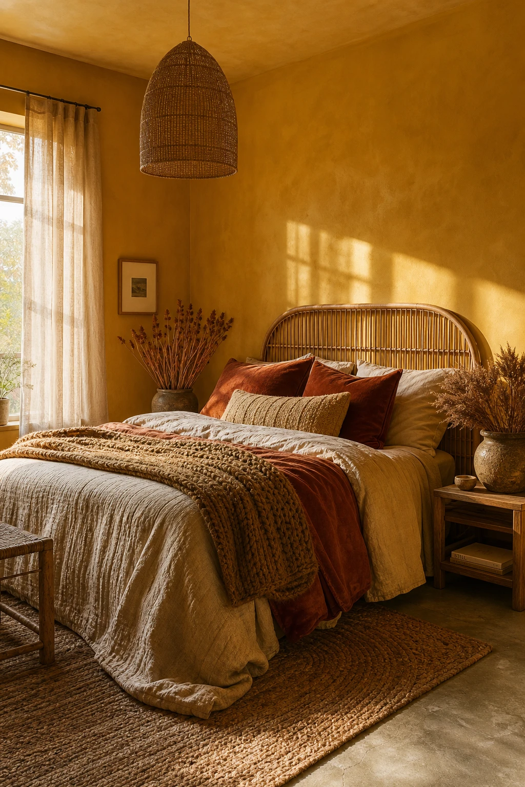 Boho fall bedroom with mustard yellow walls glowing in warm afternoon light, layered textiles, rattan headboard, and earthy autumn decor accents