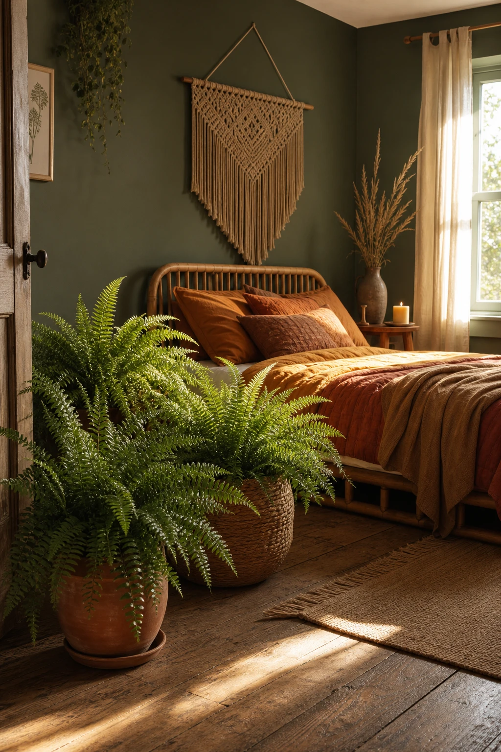 Boho fall bedroom with potted ferns as the hero, layered rust and ochre textiles, rattan furniture, and Farrow and Ball Calke Green painted walls in warm natural light