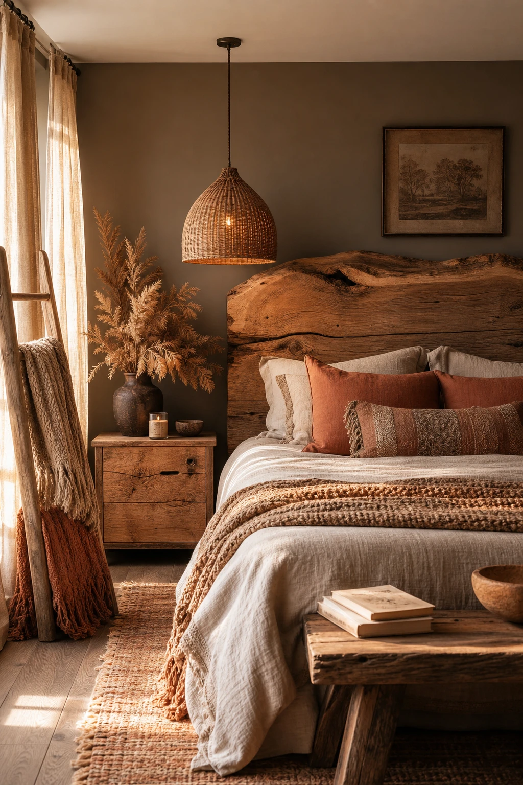 Boho fall bedroom with rustic wood headboard and raw timber nightstand, warm amber lighting, layered wool throws, Farrow and Ball London Clay walls