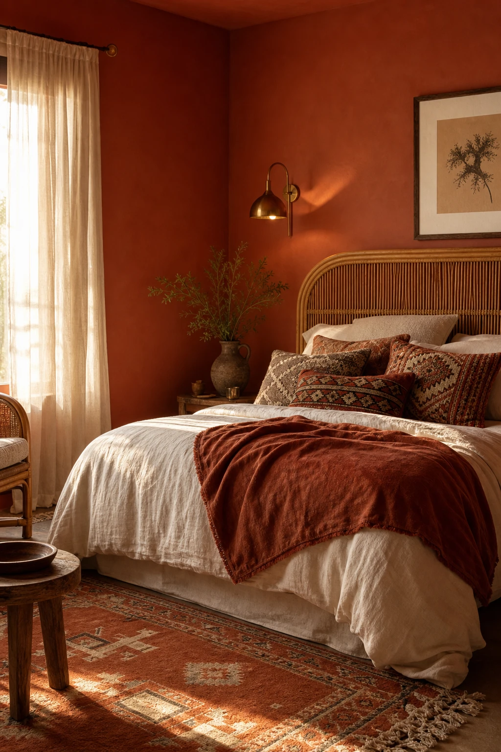 Boho fall bedroom with terracotta walls painted Farrow and Ball Red Earth, layered textiles, rattan headboard, brass sconce and woven rug