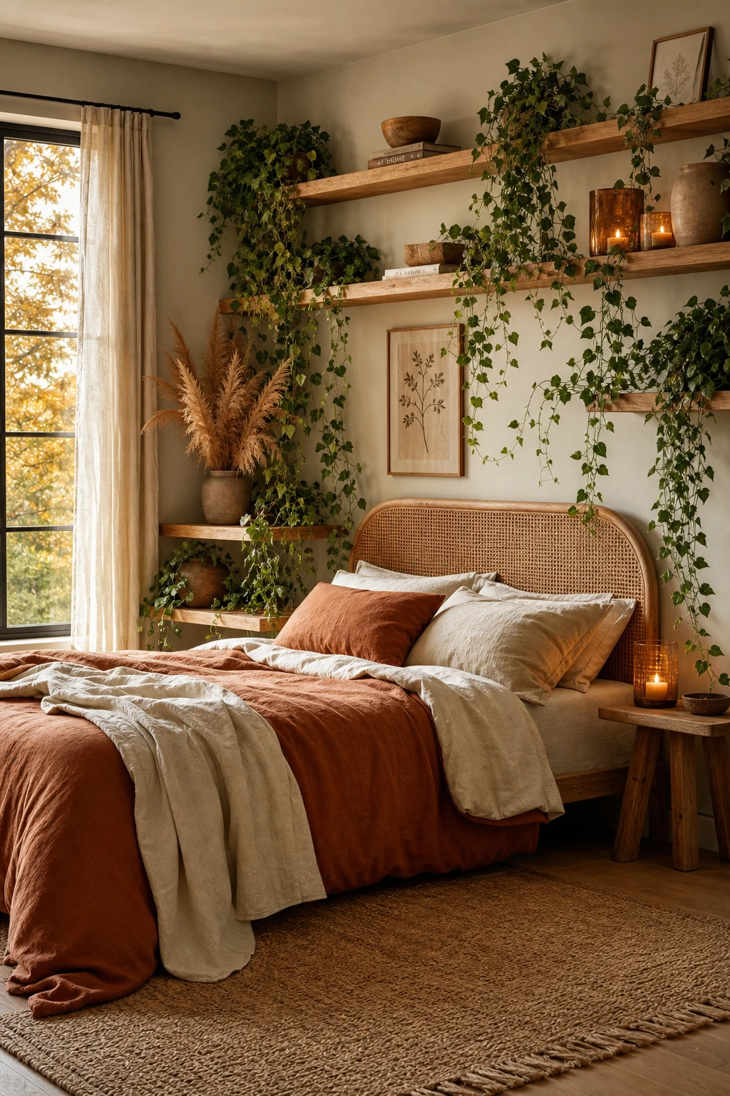 Boho fall bedroom with trailing vine decor cascading along open shelving and a textured wall painted in Farrow & Ball Vichyssoise soft green