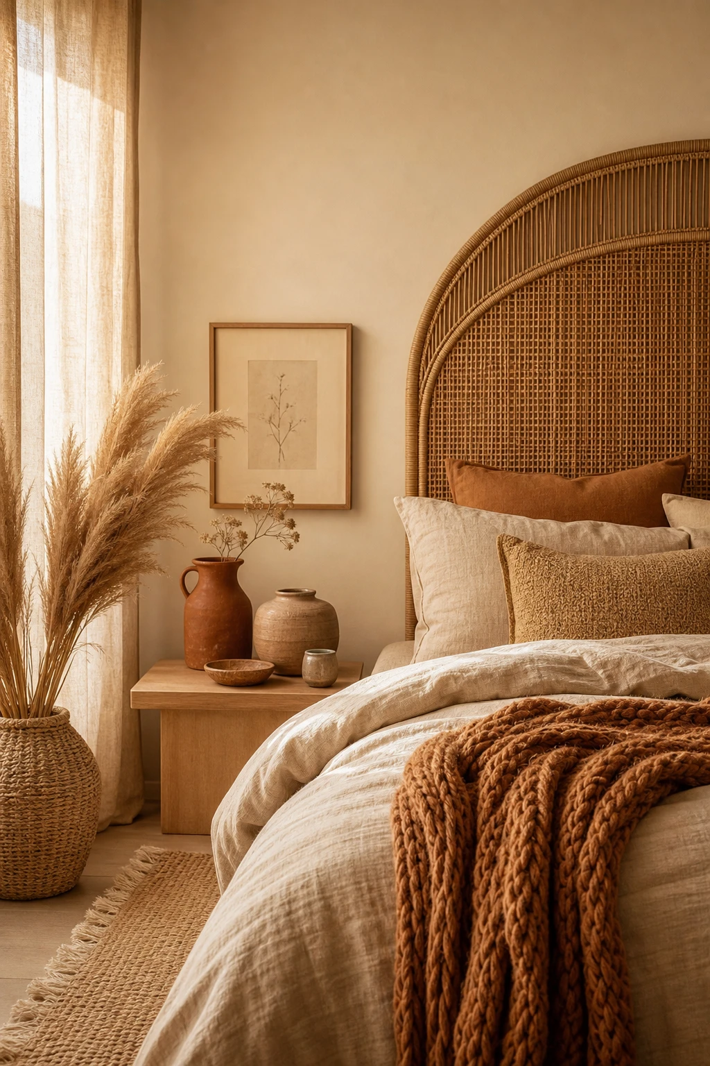 Boho fall bedroom with warm neutral decor featuring layered textures, rattan headboard, chunky knit throw, and Farrow and Ball Clunch painted walls in soft afternoon light