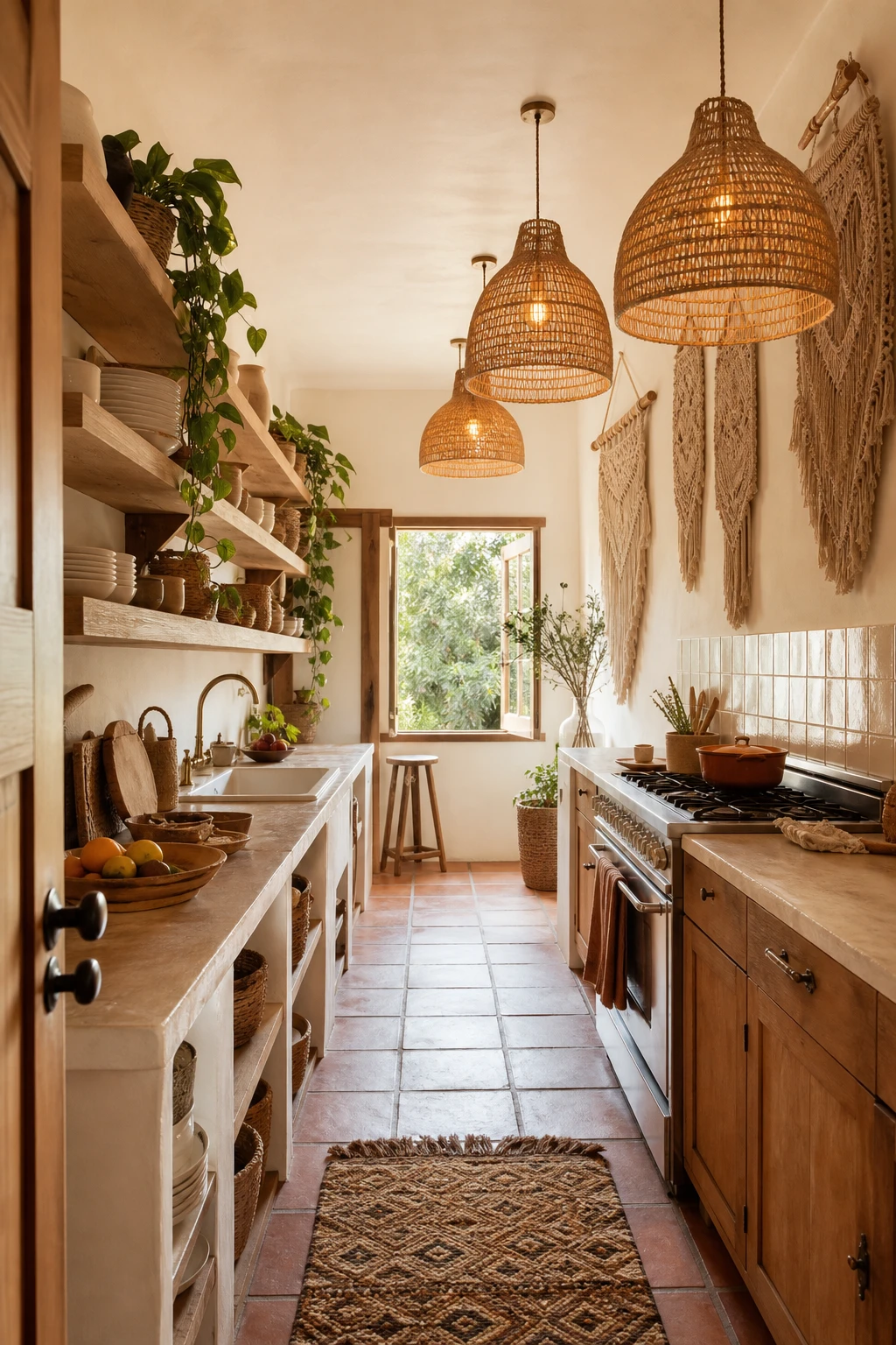Bright narrow galley boho kitchen with warm white walls, rattan pendants, open shelving, terracotta tiles and trailing plants in 70s style