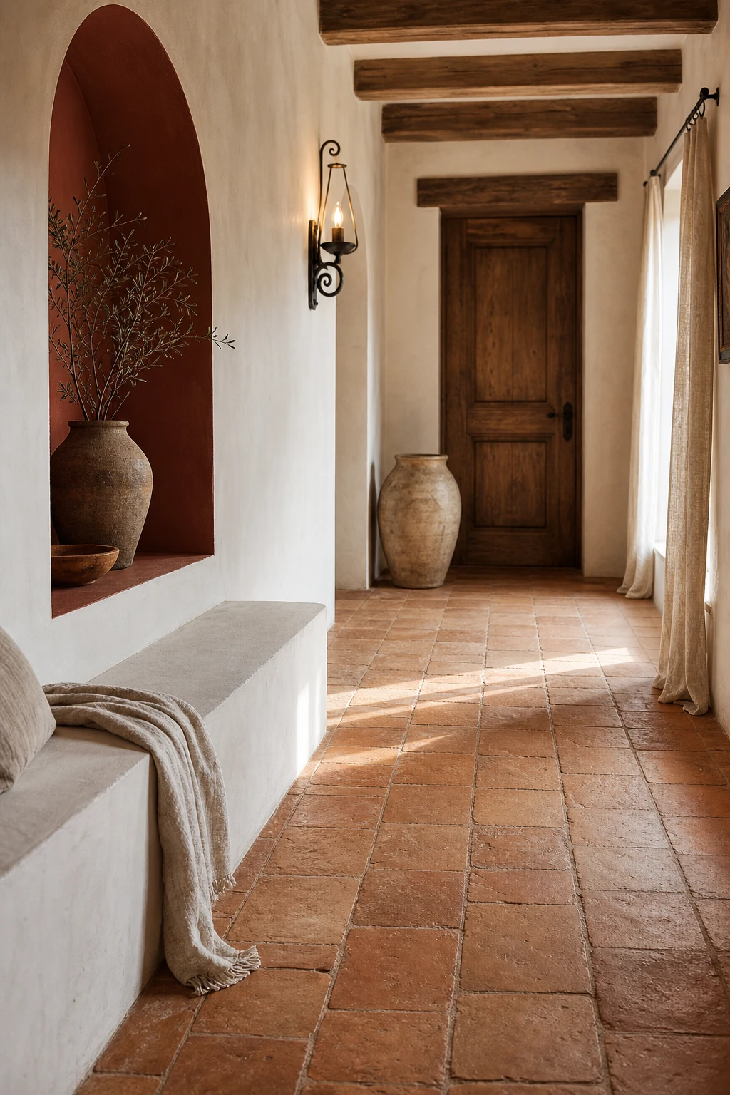 Budget Mediterranean hallway with unglazed terracotta floor tiles, whitewashed walls painted Fox Red on a recessed arch, wrought iron wall sconce, and a woven basket