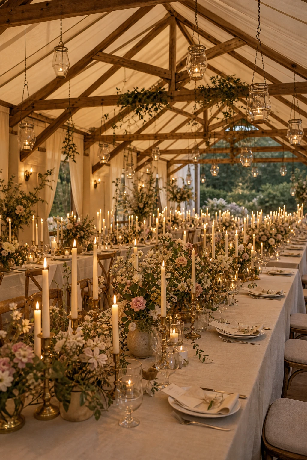 Candlelit English country garden wedding reception at dusk with tapered candles, floral centrepieces, linen tablecloths and warm Dorset Cream walls glowing softly