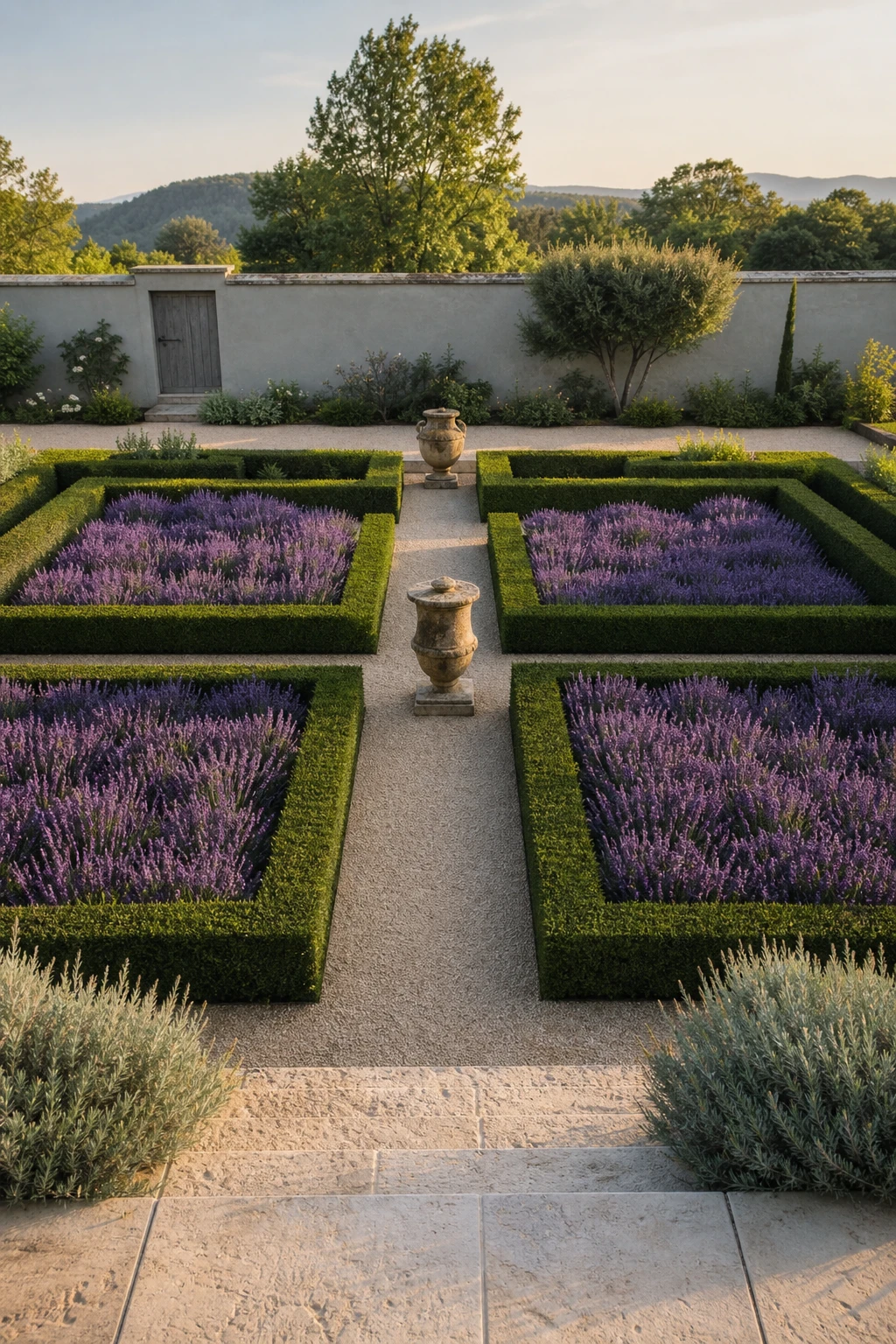Clipped box parterre in a formal Provence garden landscape with gravel paths, lavender infill, stone urns and a weathered garden wall painted French Gray