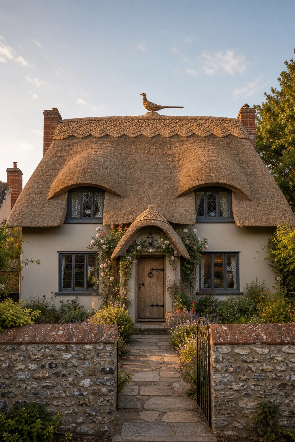 Close up of a thatched English cottage exterior showing an ornate ridge ornament crown atop a deep golden thatch roof with warm neutral rendered walls below