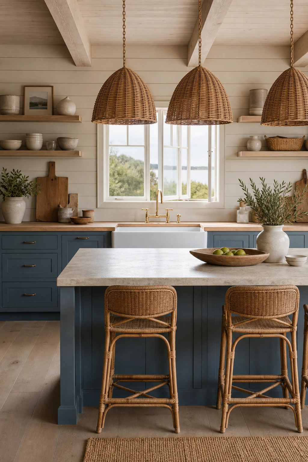 Coastal farmhouse blue and beige kitchen cabinets with shiplap walls, open shelving, woven pendants and a farmhouse sink under warm morning light