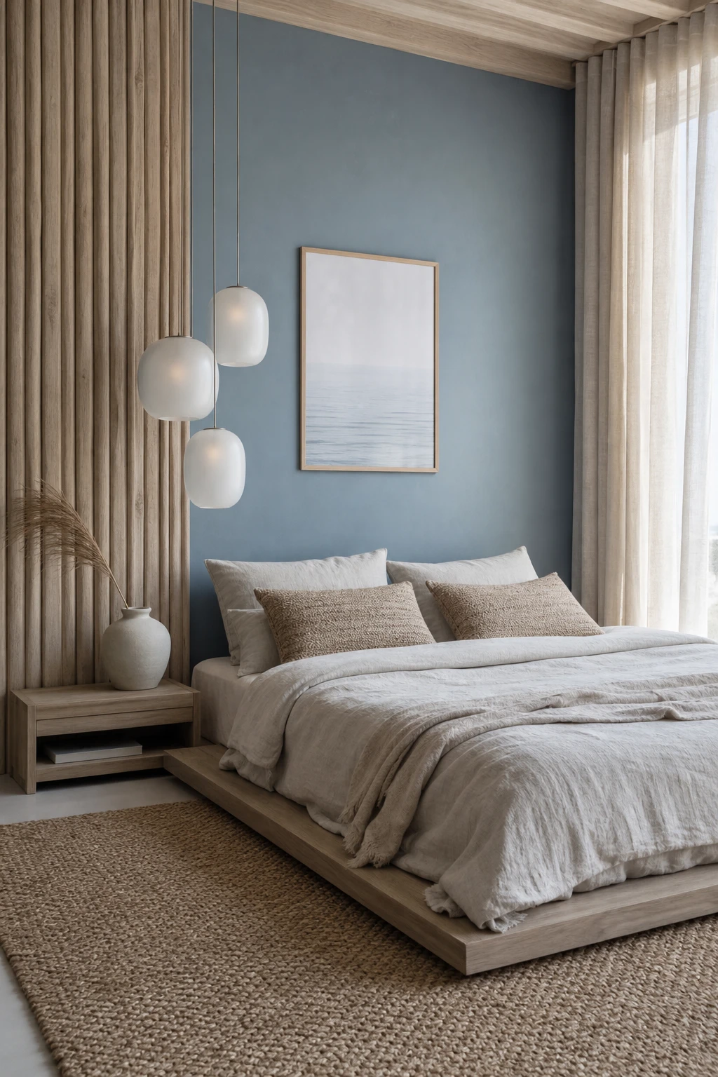 Coastal Japandi bedroom with driftwood textures, linen bedding, and Farrow & Ball Bay Area Blue on the wall behind a low platform bed