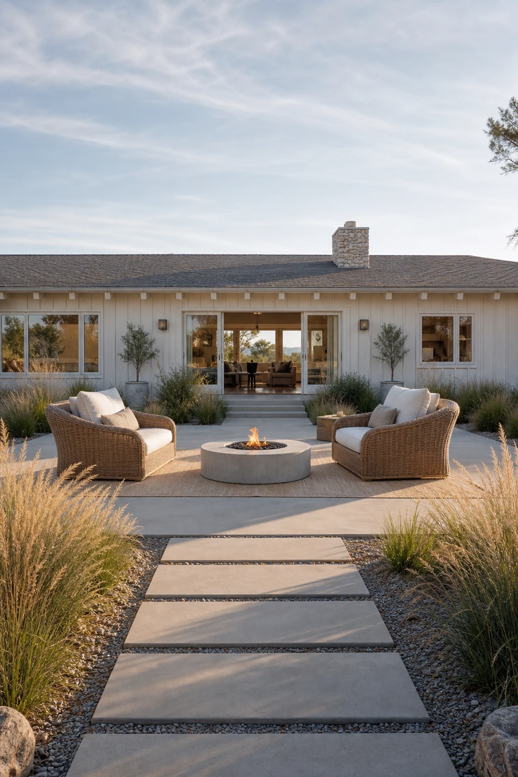 Coastal Modern Ranch exterior front yard seating area with rattan chairs, low fire table, dune grasses, and Shadow White painted trim under soft morning light