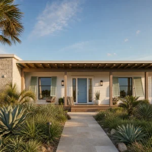 Coastal modern ranch exterior with white weatherboard cladding, a deep timber porch, sea glass shutters, a blue entry door, and a stone accent wall in warm late afternoon light.