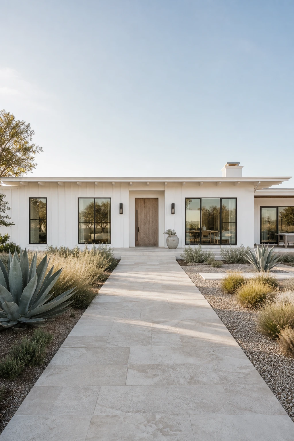 Coastal Modern Ranch exterior painted all white with wide low roofline, black window frames, natural wood accents and lush coastal landscaping in bright midday sun