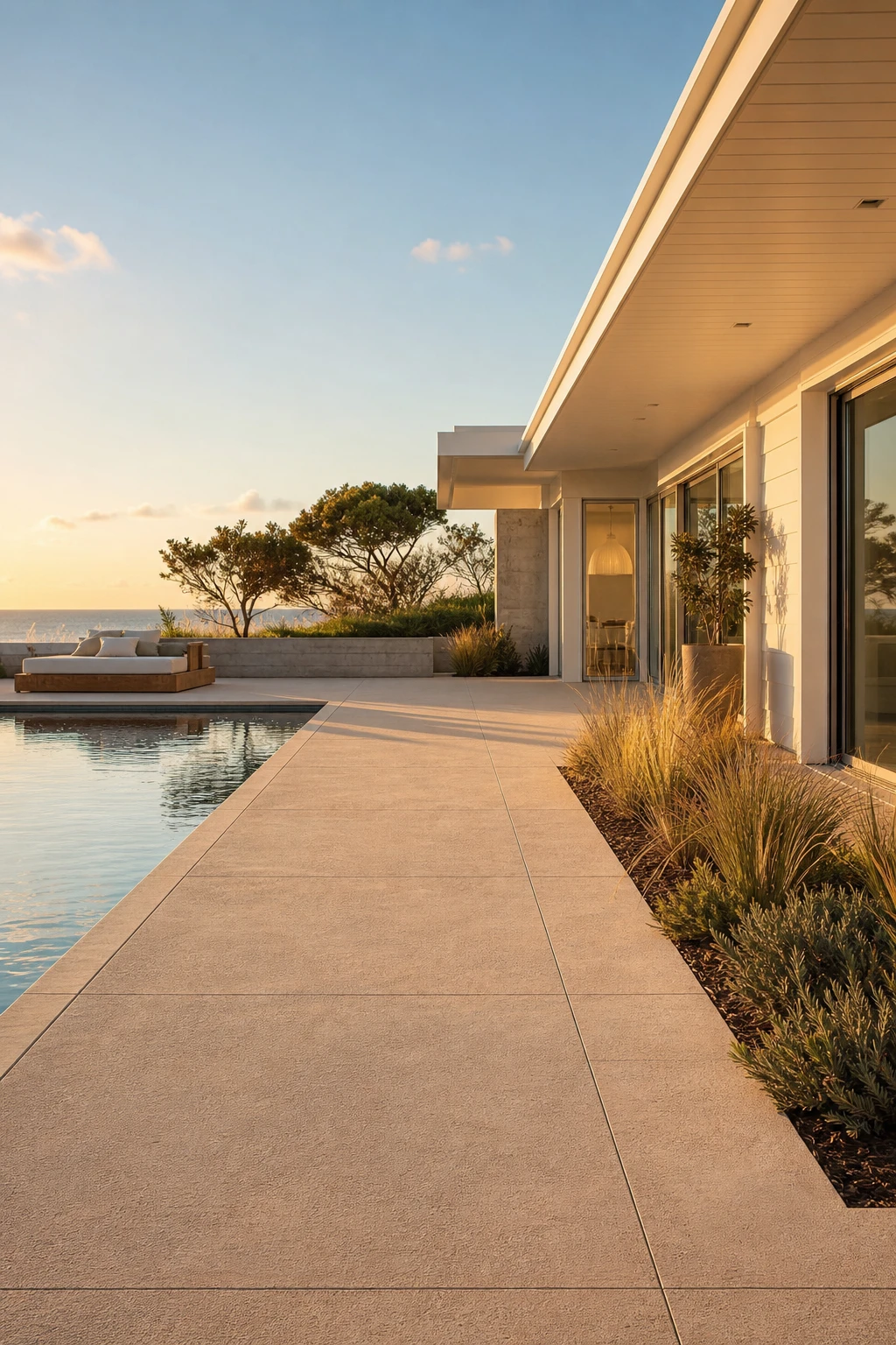 Coastal Modern Ranch exterior pool deck in brushed concrete and teak with cool white trim, surrounded by low native grasses and a shimmering lap pool at golden hour