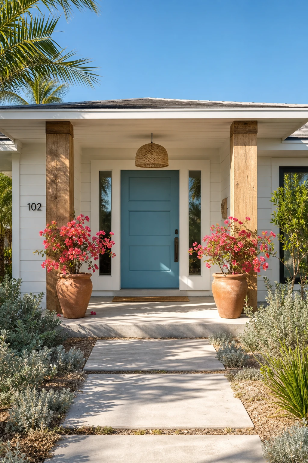 Coastal Modern Ranch exterior with a bold Cook's Blue front door as the colour pop focal point, white horizontal siding, coral plantings, and natural wood accents in bright midday sun.