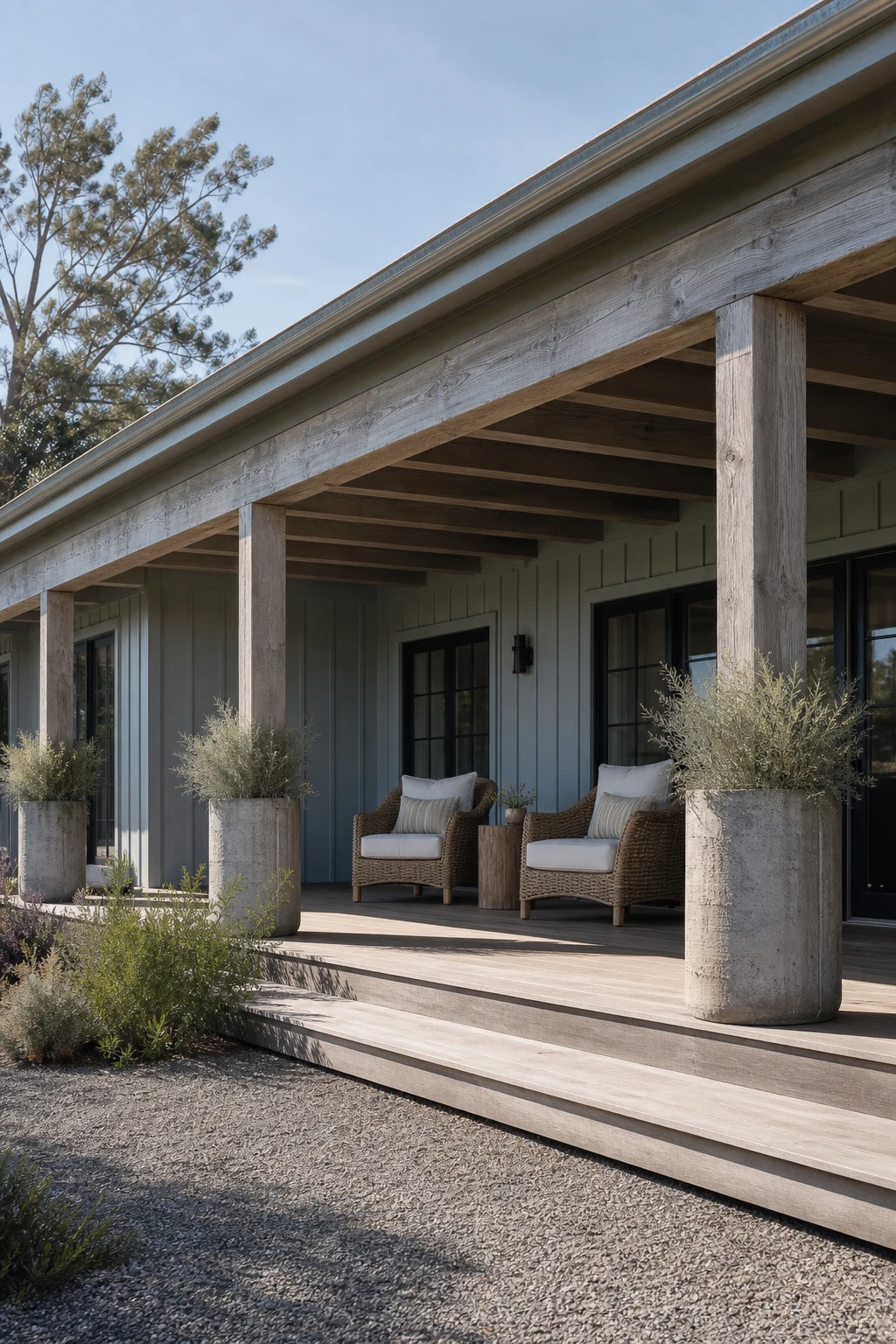 Coastal Modern Ranch exterior with a deep shaded front porch painted Farrow & Ball Pale Powder, featuring wide plank decking, board and batten siding, and rattan chairs under natural light