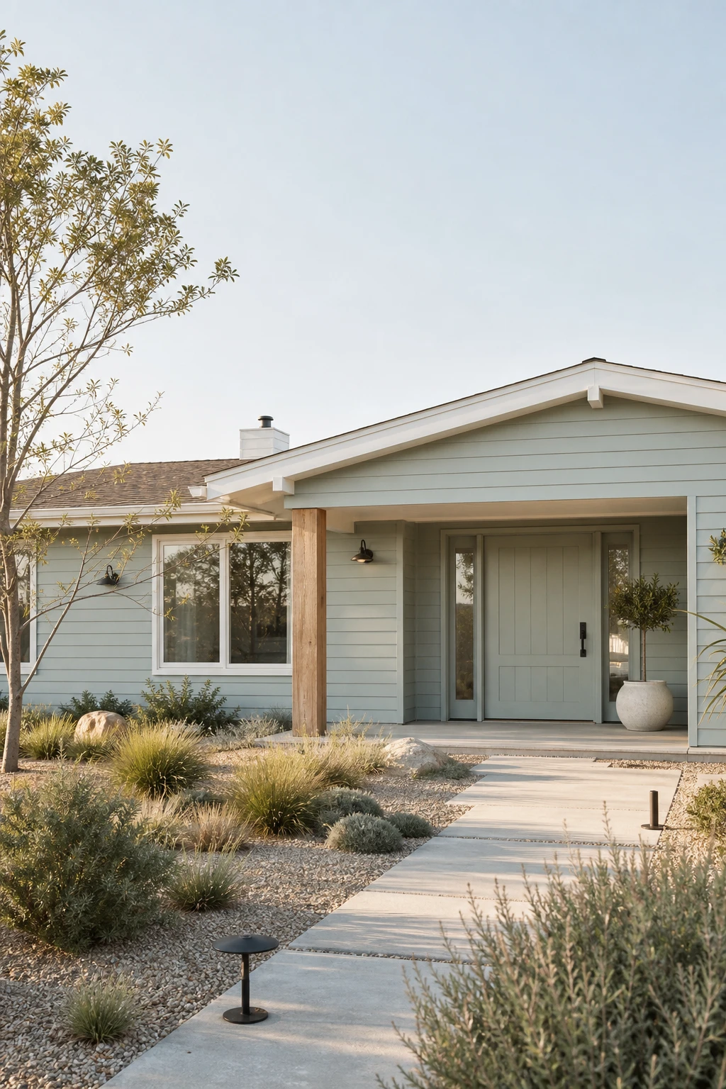 Coastal Modern Ranch exterior with a Farrow and Ball Mizzle green facade, wide roofline, white trim, natural wood accents, and soft morning light