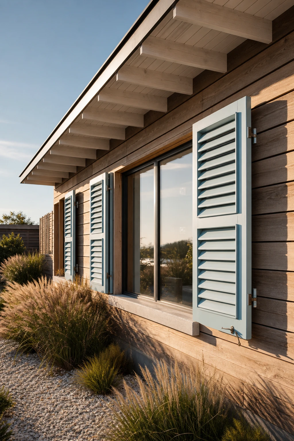 Coastal Modern Ranch exterior with Bahamian shutters as hero, painted in Farrow and Ball Skylight blue, warm afternoon sunlight, louvred timber details
