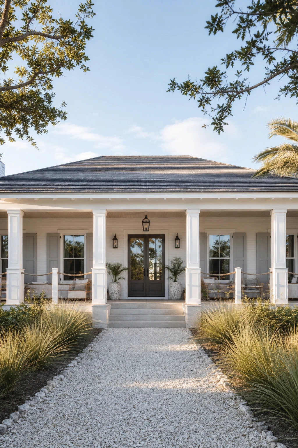 Coastal Modern Ranch Exterior with Hamptons aesthetic featuring white columns, board and batten shutters, and deep overhangs painted in Farrow and Ball Wevet