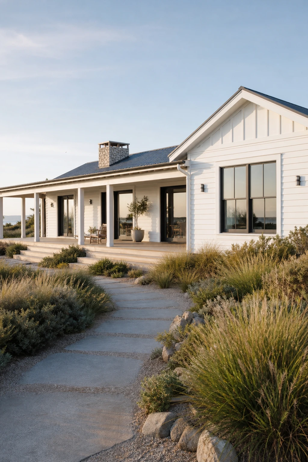 Coastal Modern Ranch exterior with horizontal weatherboard cladding painted Farrow and Ball Great White under soft morning side light, framed by dune grasses and a wide timber porch