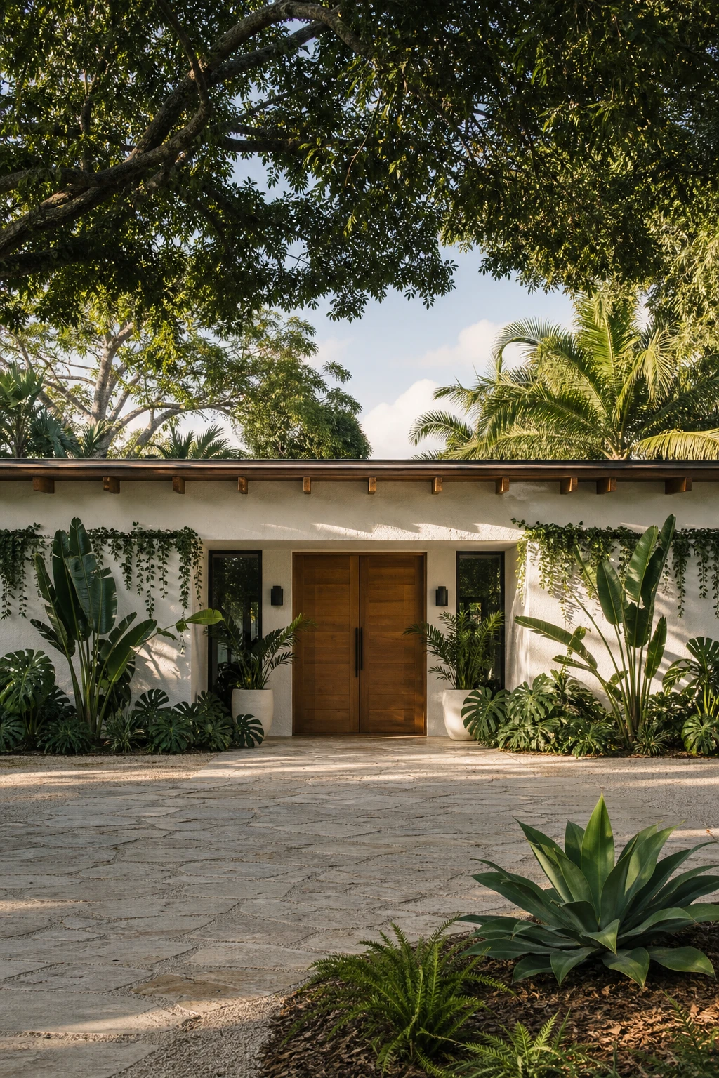 Coastal Modern Ranch exterior with lush tropical greenery against a crisp white stucco wall painted Farrow & Ball Cabbage White, afternoon side light