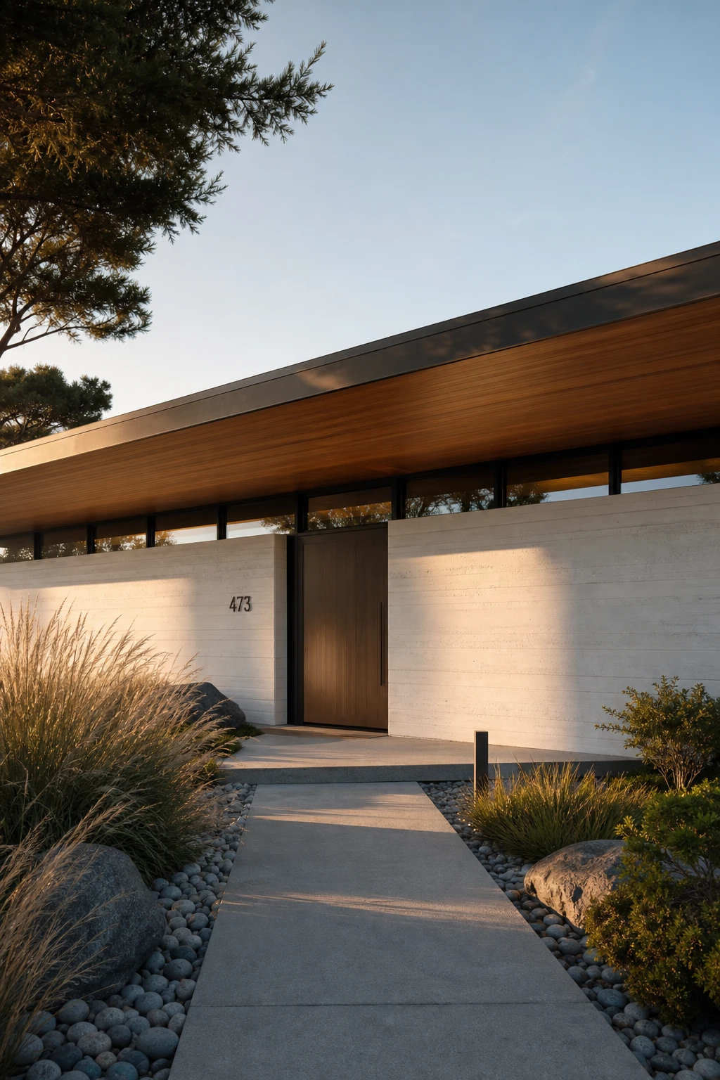 Coastal Modern Ranch exterior with midcentury low slung roofline, horizontal windows, Hardwick White facade, clerestory band and wide timber soffit in afternoon sun