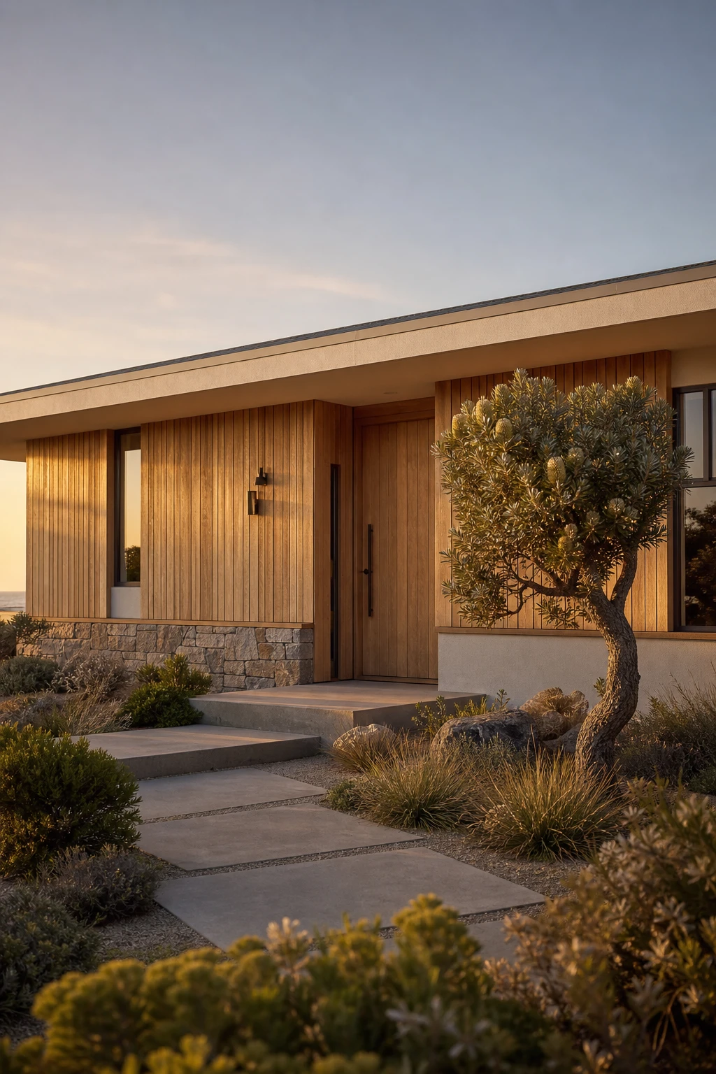 Coastal Modern Ranch exterior with natural wood facade panels, Skimming Stone trim, wide eaves, stone base, and black hardware under warm late afternoon light