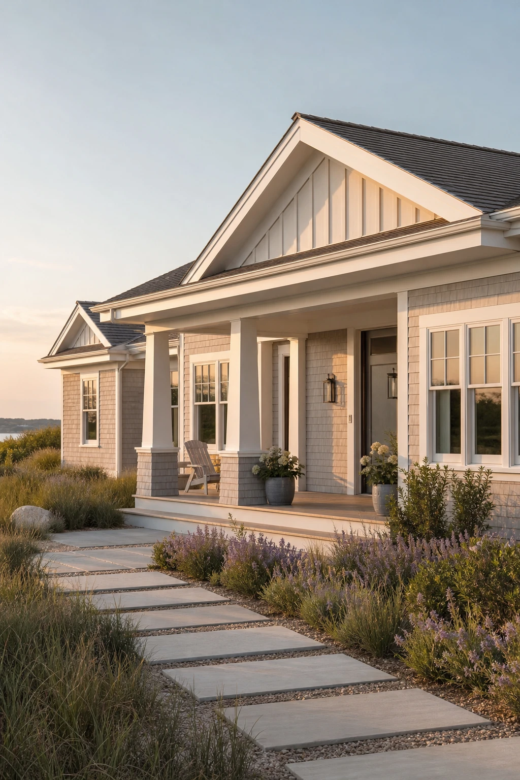 Coastal Modern Ranch exterior with New England tone on tone palette, Strong White trim, weathered shingle siding, dormers, and soft dune landscaping in late afternoon light.