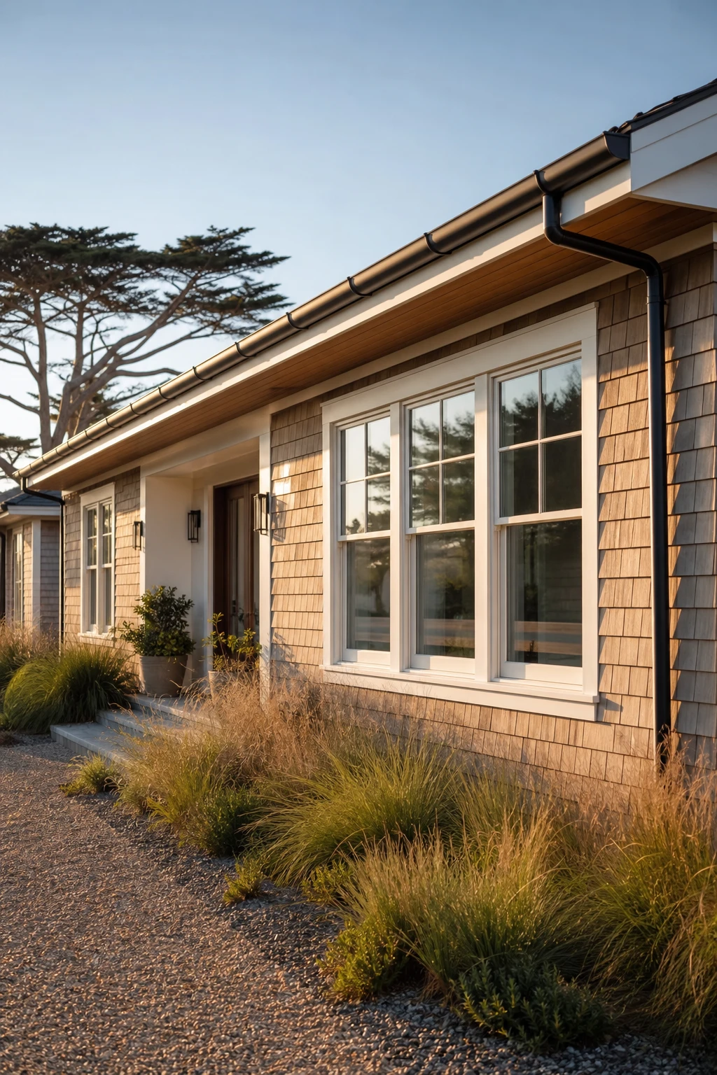 Coastal Modern Ranch exterior with shake shingle cladding as the hero, white trim, wood soffit, black gutters, and native coastal landscaping in warm afternoon light.