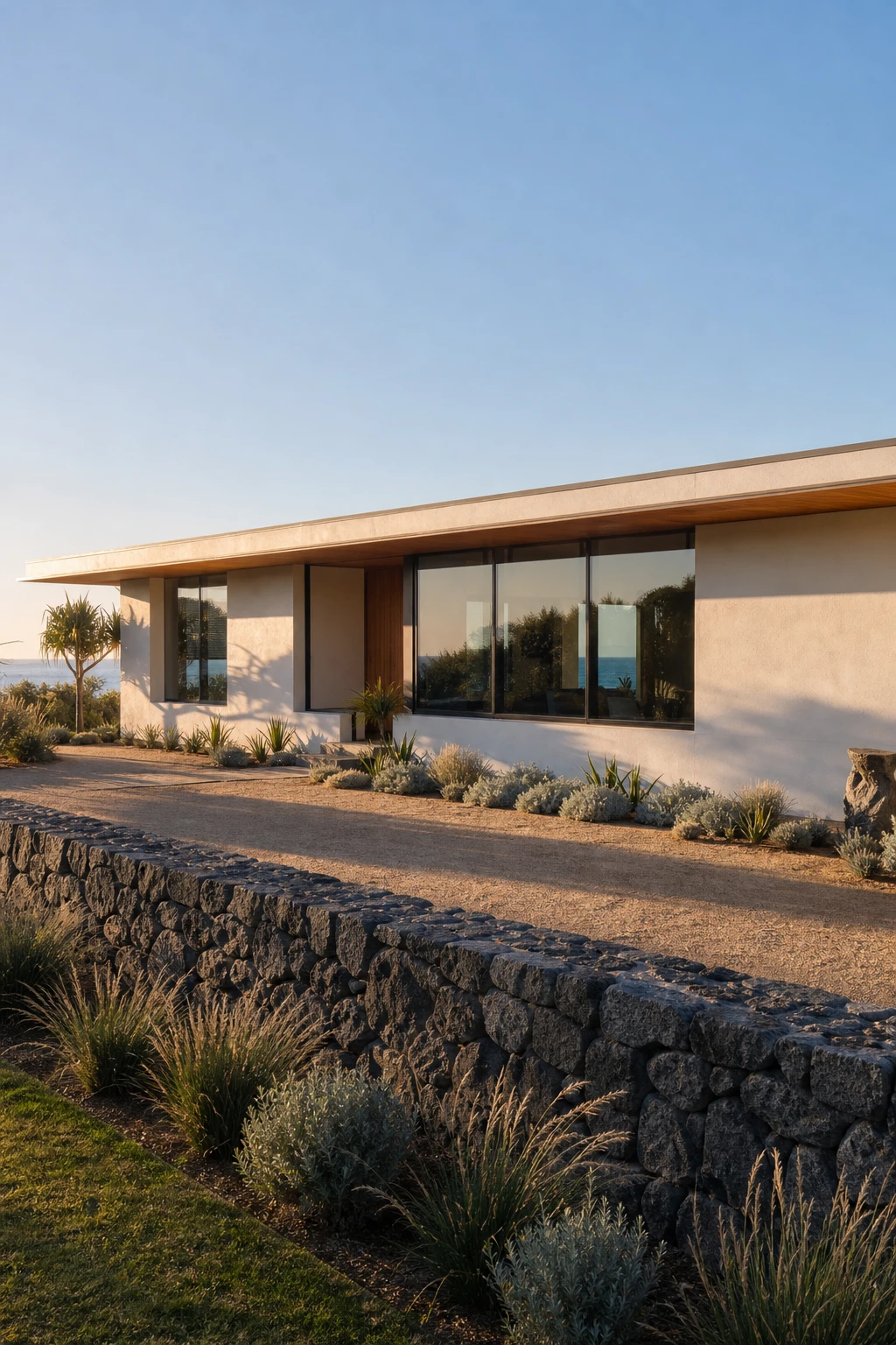 Coastal Modern Ranch exterior with smooth concrete render finish painted Cornforth White, wide low roofline, black framed windows and native coastal plantings in warm afternoon light