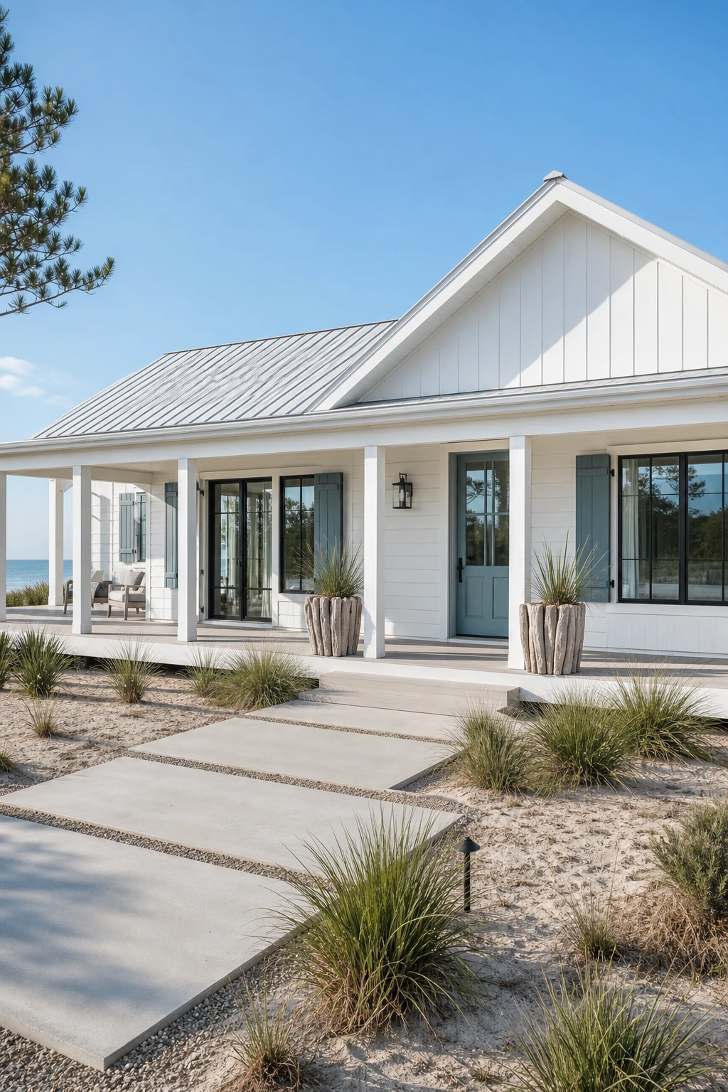 Coastal Modern Ranch exterior with white siding and blue trim, Farrow and Ball Borrowed Light accents on shutters and fascia boards under bright midday sun