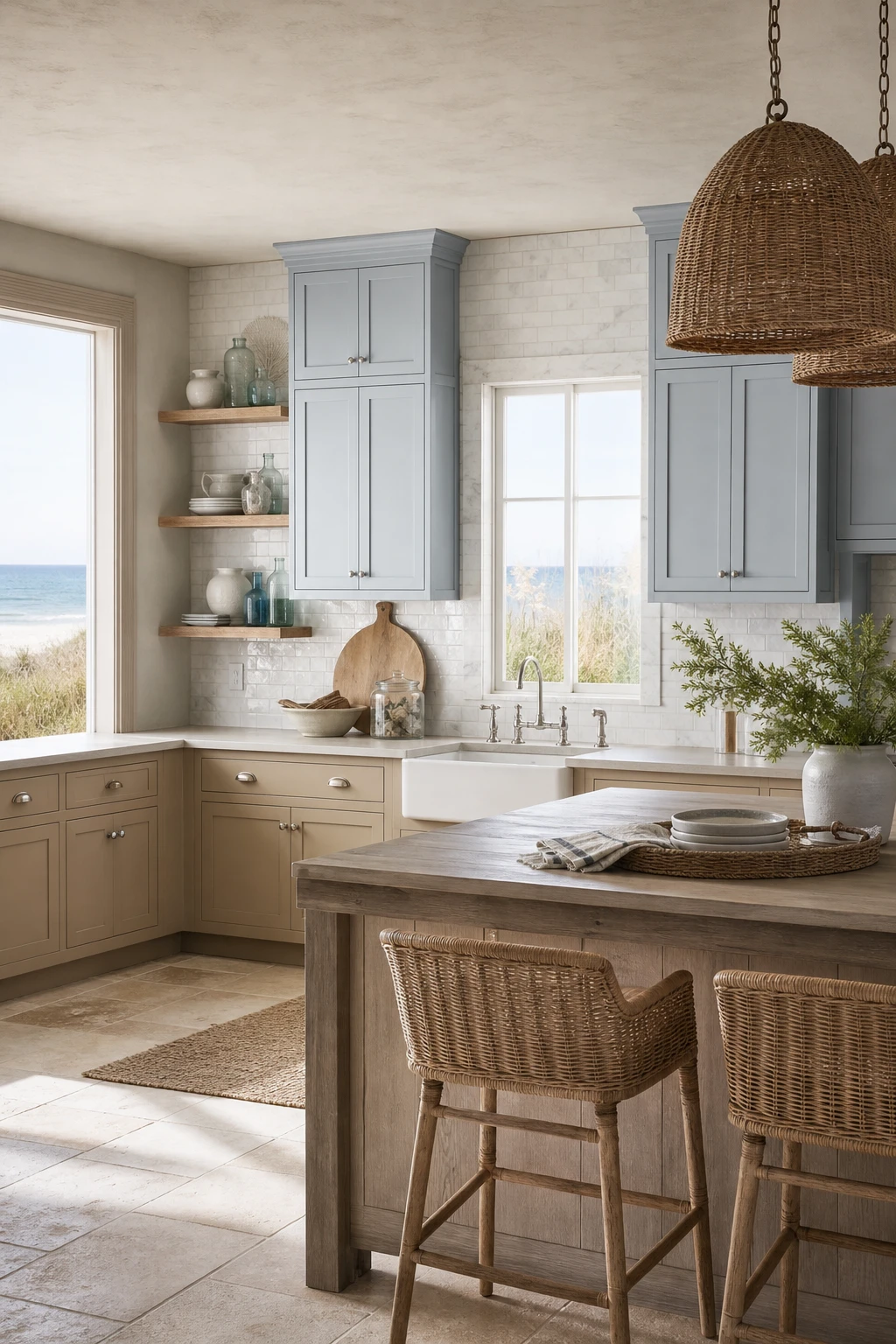 Coastal two tone kitchen with blue upper cabinets and beige lower cabinets, shiplap walls, rattan pendants, and white marble countertops in warm natural light