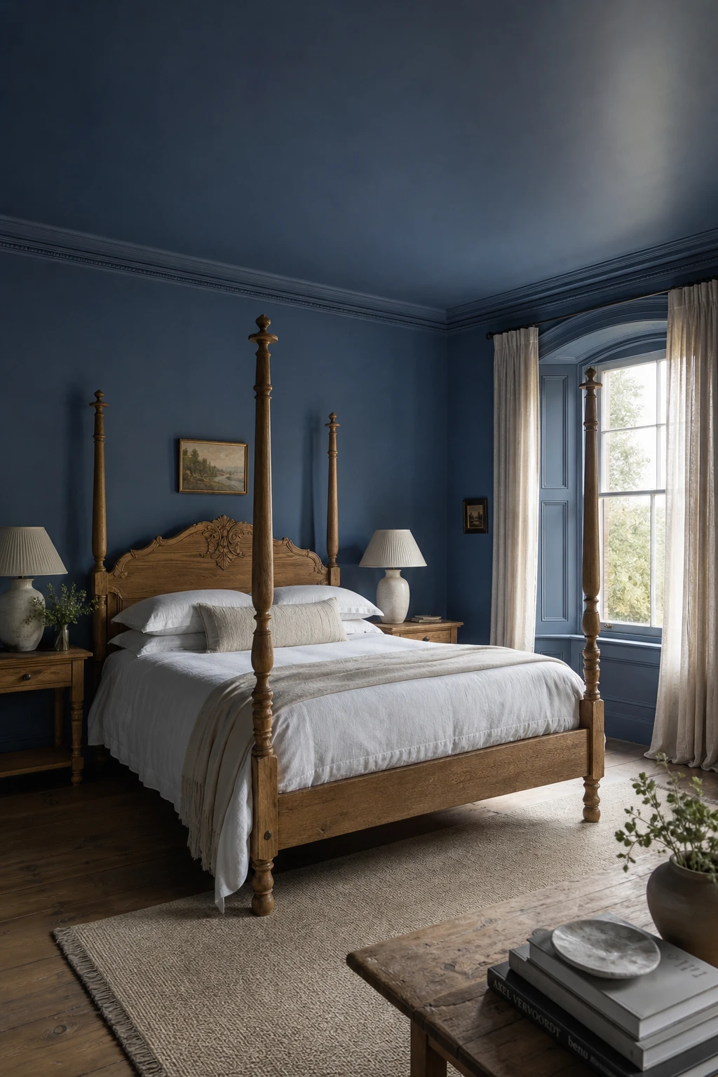 Colour drenched English country bedroom with walls, ceiling, and woodwork all painted the same soft blue, creating total immersion and a deeply restful atmosphere