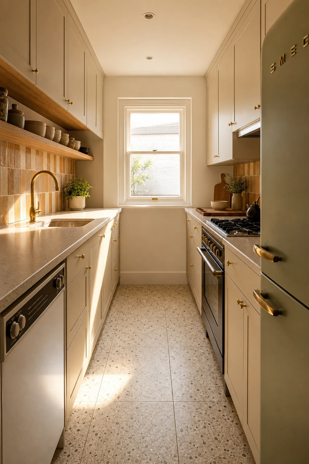 Compact 70s kitchen remodel with galley layout, warm neutral Dimity cabinets, open shelving, and retro tile backsplash in soft natural morning light