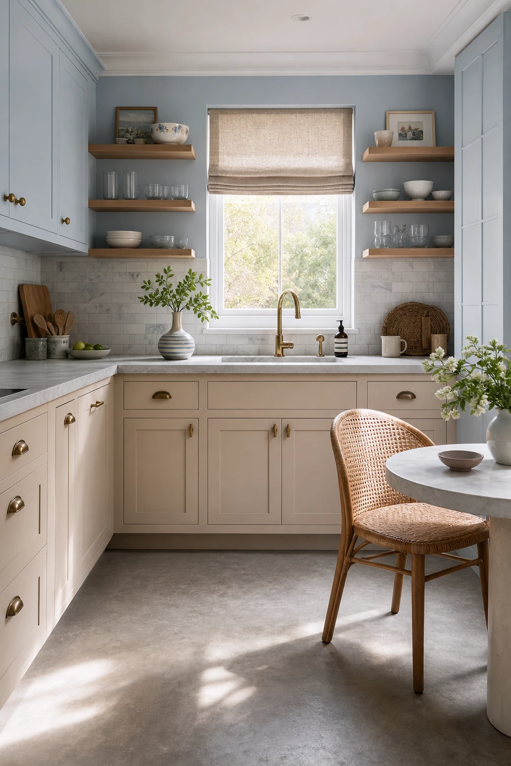Compact blue and beige kitchen with pale blue upper cabinets, beige lower cabinets, open shelving, marble subway tiles and soft morning light