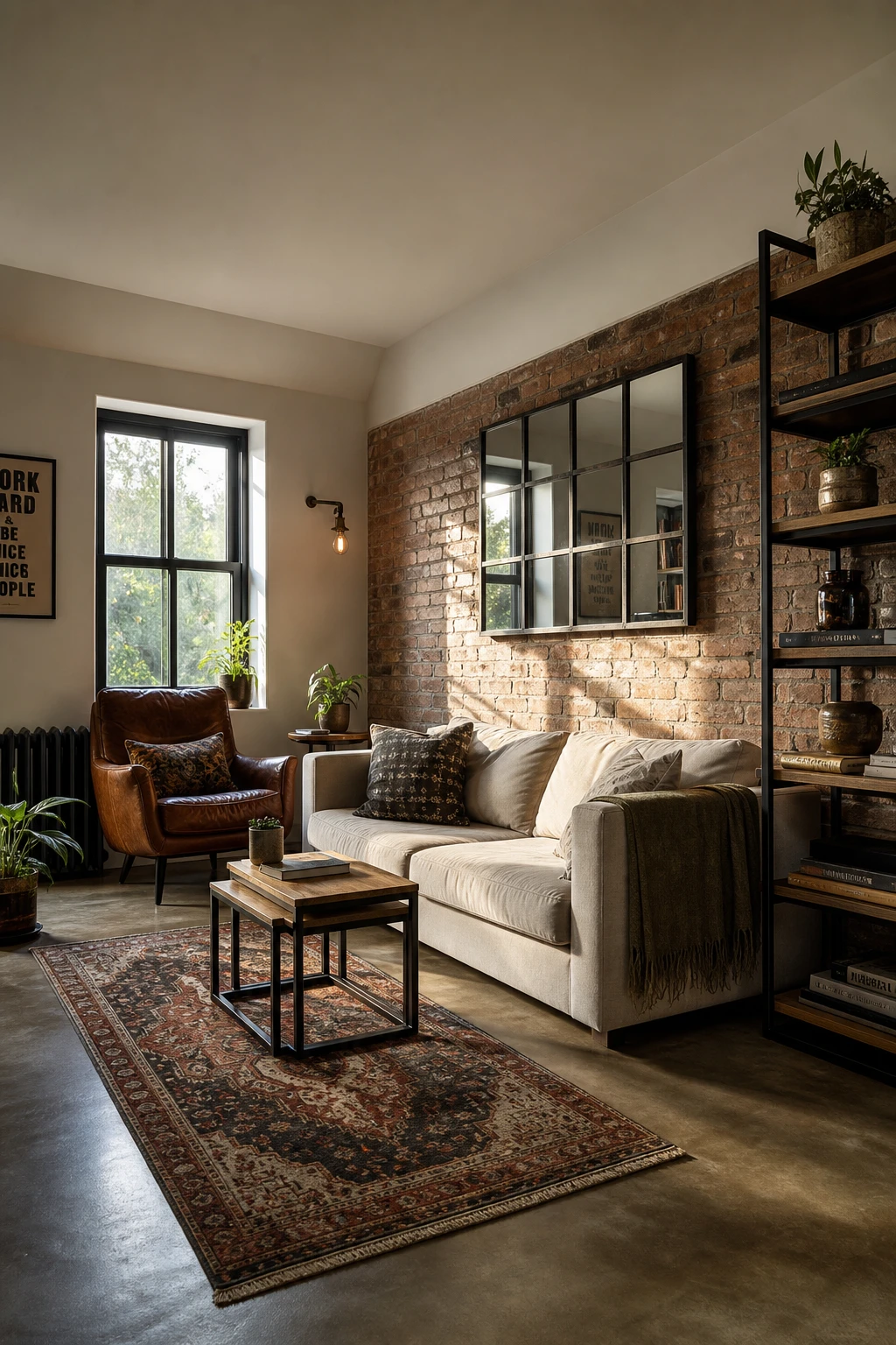 Compact cozy industrial living room with clever small space layout, exposed brick wall, slim steel shelving, and Farrow & Ball Strong White ceiling