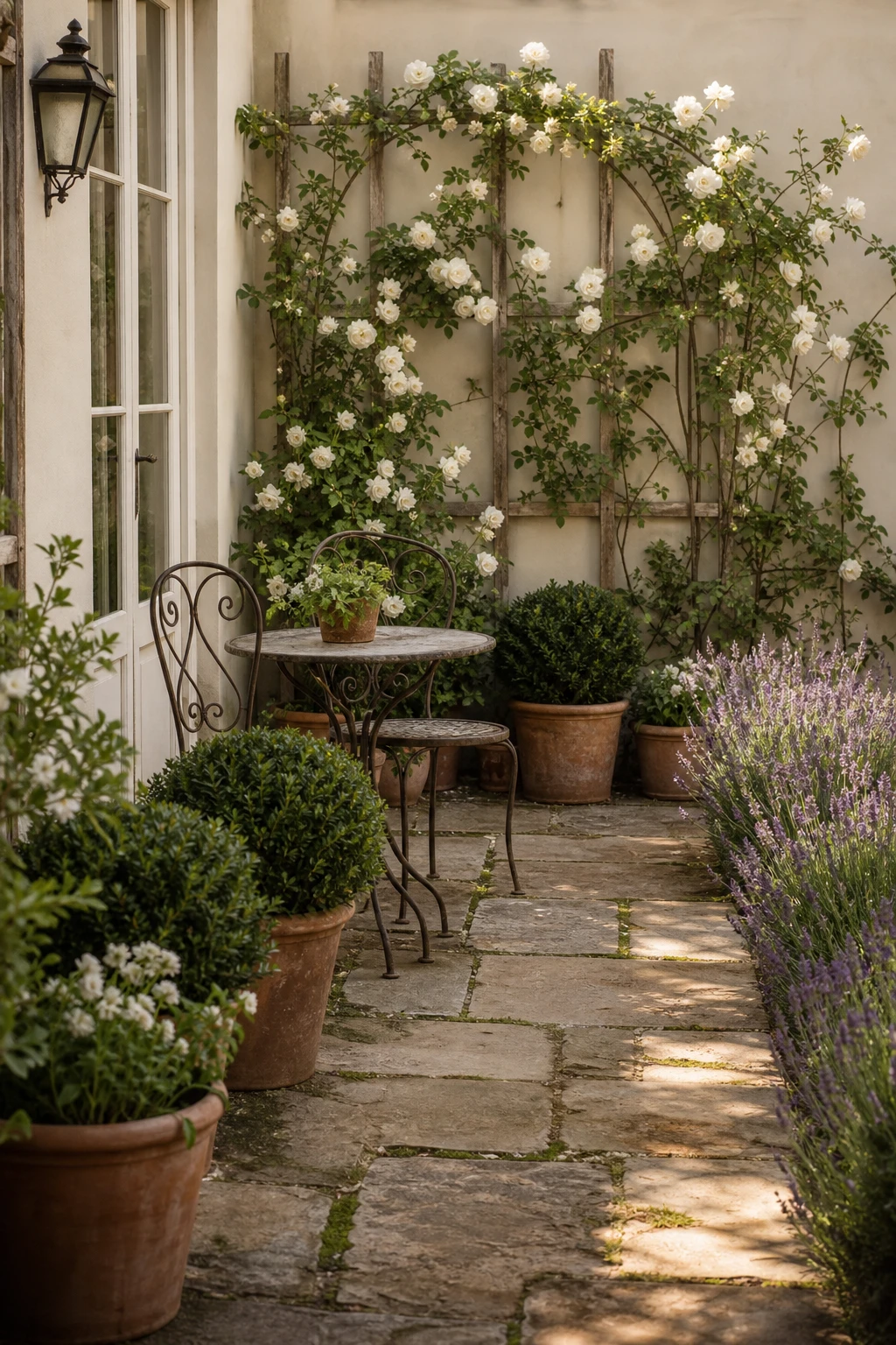 Compact French country garden patio with repeated terracotta pots, climbing roses, a bistro table, and Farrow and Ball Shaded White painted stone wall
