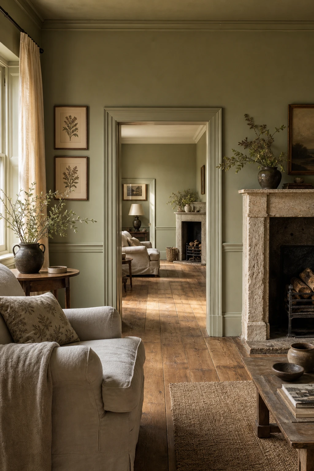 Connecting English country rooms painted in Farrow and Ball Lichen sage green with warm wood floors, stone fireplace, linen upholstery and botanical prints