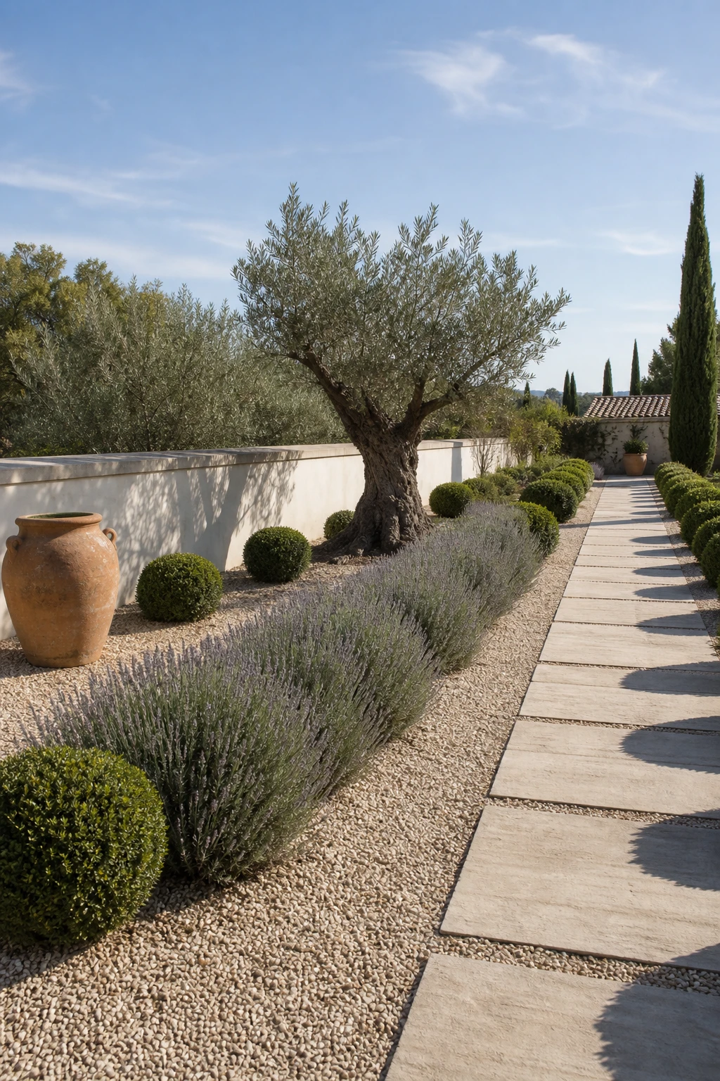 Contemporary French Provence garden landscape with clean lined planting of lavender, olive and clipped box in a calm uncluttered Mediterranean courtyard