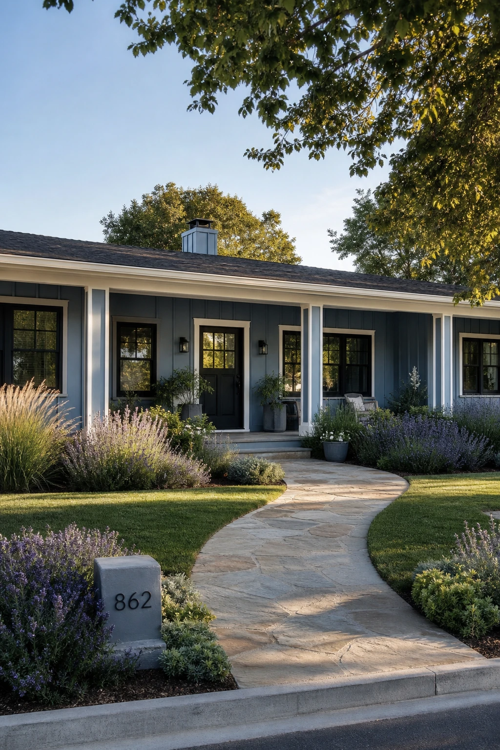 Cornflower blue Ranch exterior with Farrow and Ball Lulworth Blue facade, wide front porch, garden plantings, and natural stone path in soft afternoon light