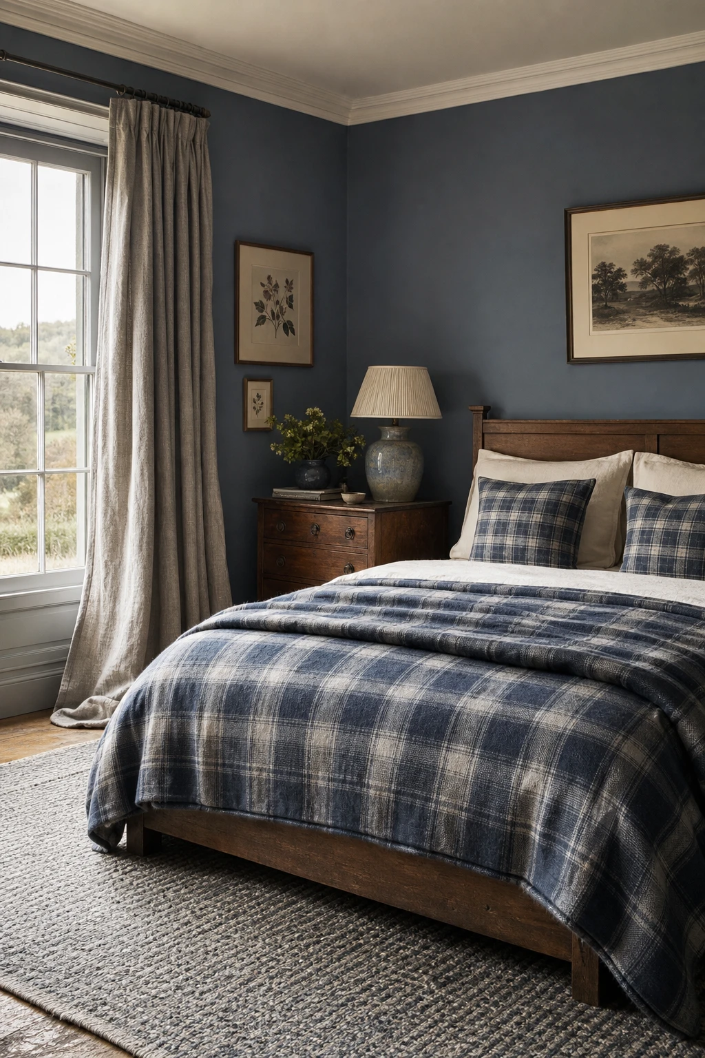 Cosy blue English country bedroom with blue plaid textiles as hero, stone blue painted walls, timber bed frame, layered wool throws and linen curtains in soft morning light