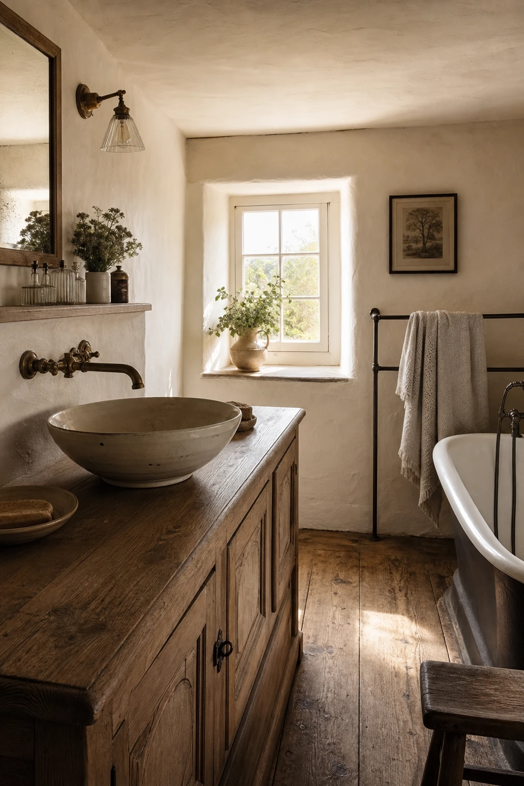 Cosy English country cottage bathroom vanity with warm white painted walls, freestanding tub, timber floorboards, and soft natural light from a small sash window
