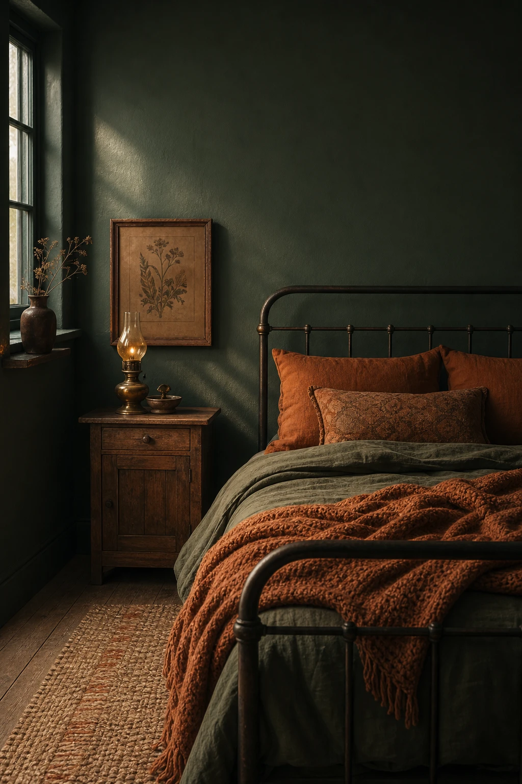 Cottagecore bedroom with dark green walls paired with rust orange accents, linen bedding, aged brass lamp, and botanical prints in warm afternoon light