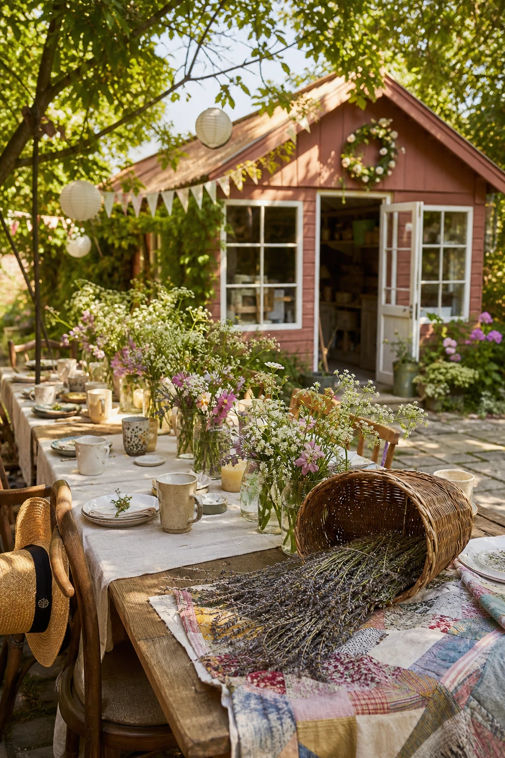 Cottagecore styled English country garden wedding party with handmade and foraged details, soft pink painted timber summerhouse, wildflowers and woven baskets in afternoon light