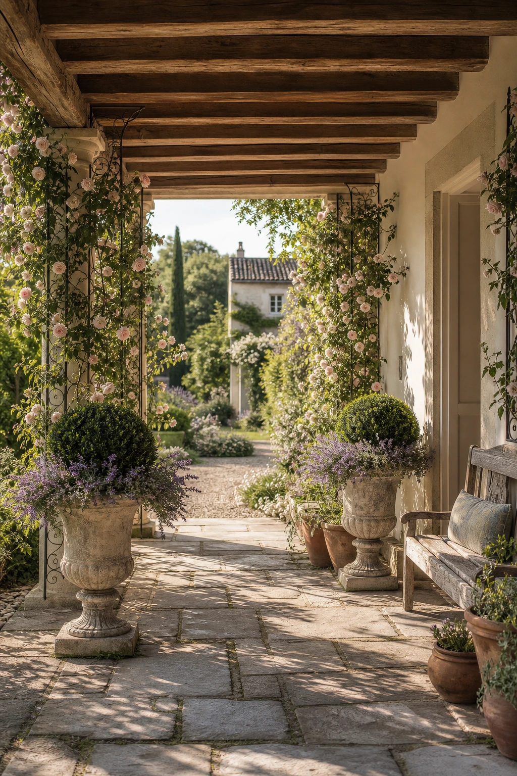 Covered front porch of a French country garden patio with climbing roses, matching stone urns, timber ceiling and Wimborne White painted facade