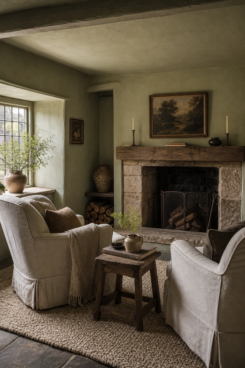 Cozy English cottage sitting room painted in Farrow and Ball Mizzle sage green with warm white trim, leaded windows, and a stone fireplace